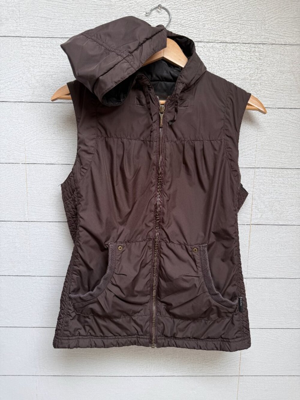 prAna Hooded Quilted Puffer Vest Full Zip Chocolate Brown Outdoor Size S